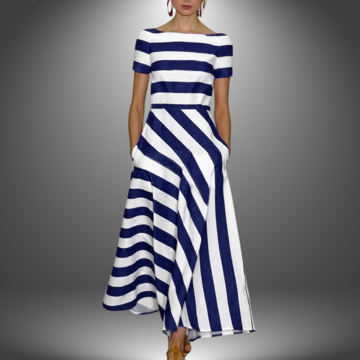 Navy and white striped maxi dress with short sleeves and diagonal asymmetric hem