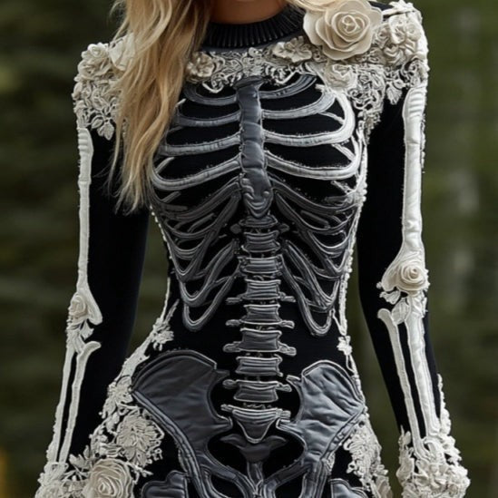 black bodycon mini dress with ivory skeleton print and 3D floral appliqués