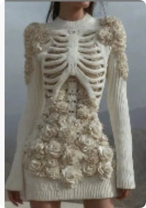 ivory knit skeleton mini dress with floral appliqués on bodice