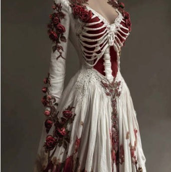 white long-sleeve gown with red rose appliqués and cutout rib cage design