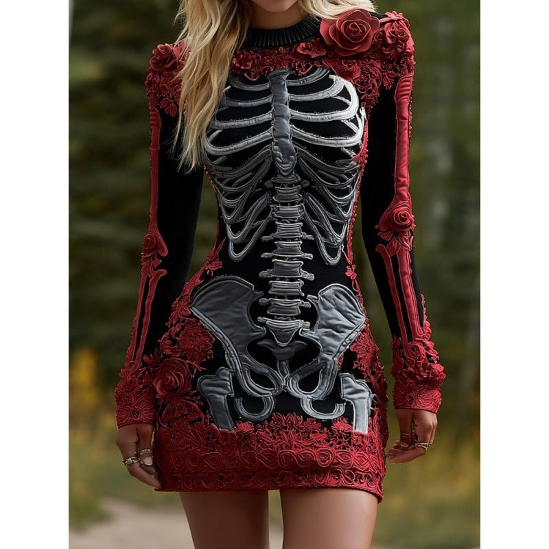 black mini dress featuring red skeleton print with floral trim accents