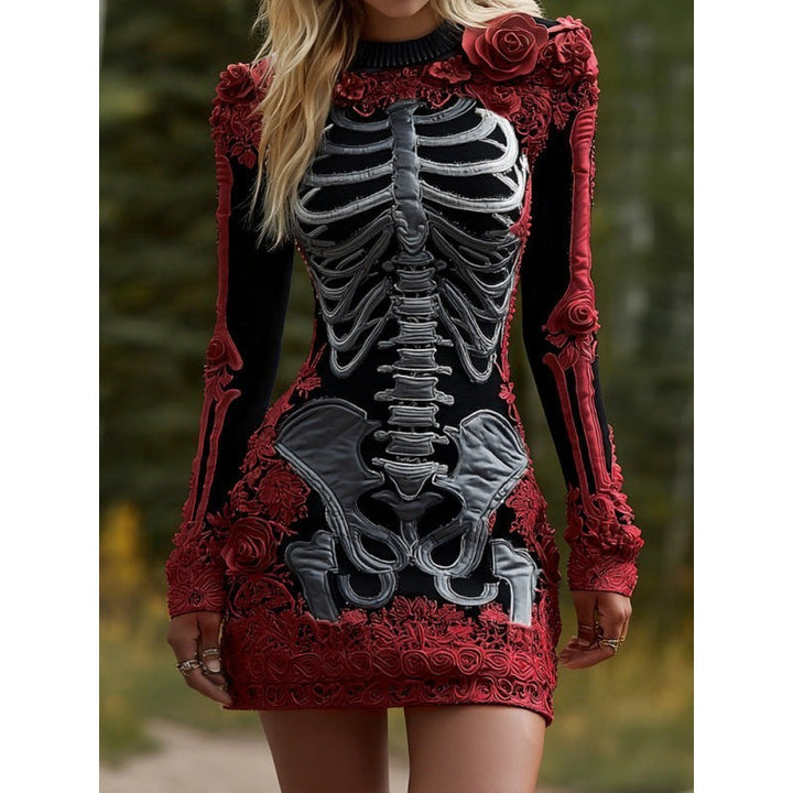 black mini dress featuring red skeleton print with floral trim accents