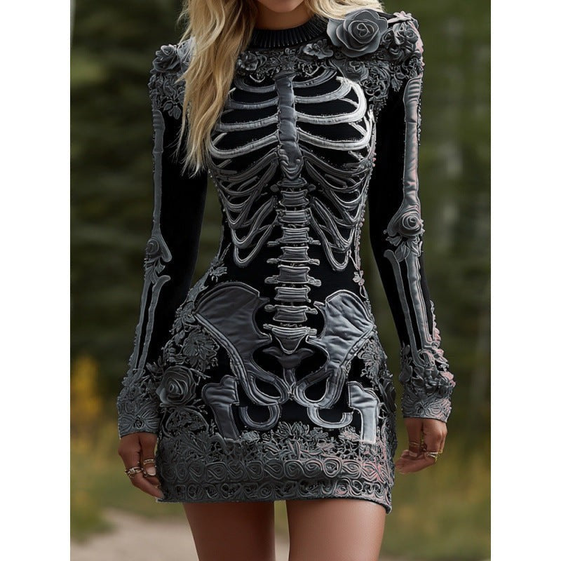 gray skeleton print bodycon dress with dimensional rose appliqués
