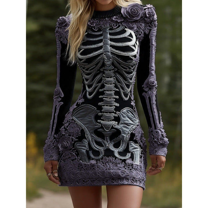 purple-gray skeleton print mini dress with floral shoulder detail