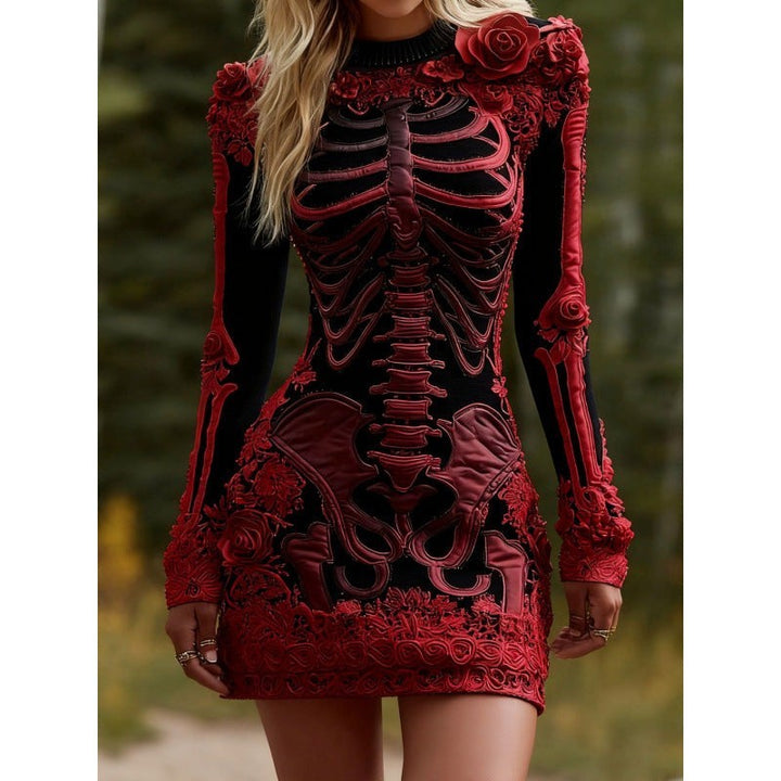 burgundy skeleton print bodycon dress with rose appliqué trim