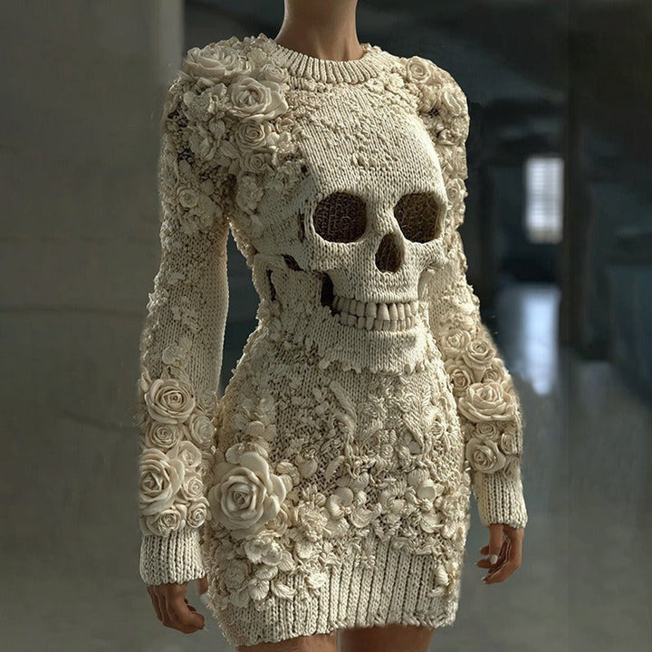 cream knit bodycon dress featuring skull graphic and floral appliqués