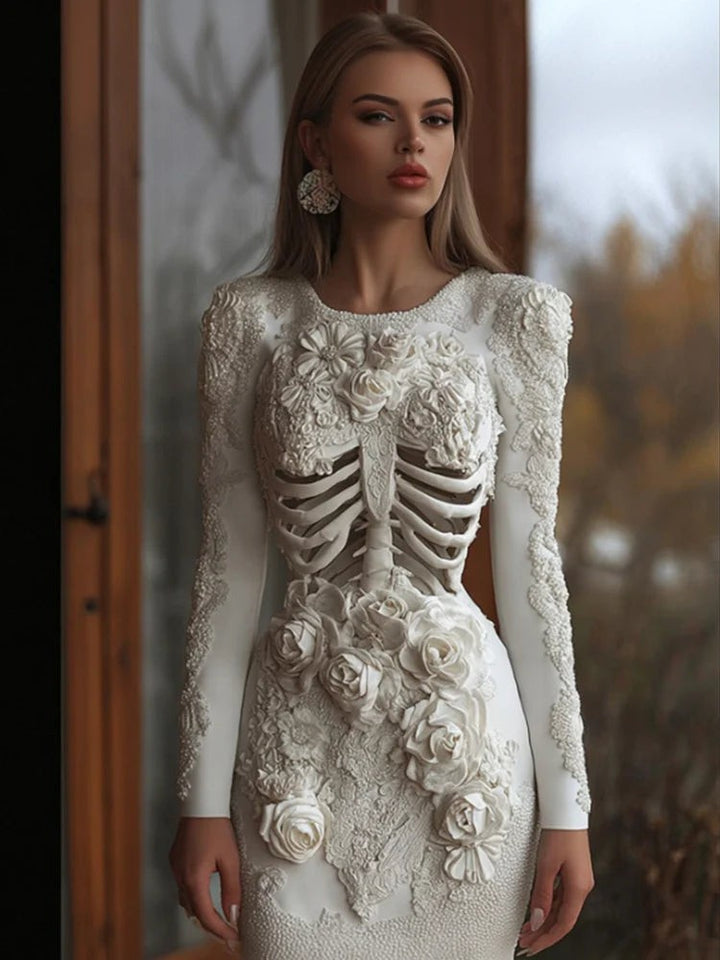 white long-sleeve dress with cutout rib cage and rose appliqué skirt
