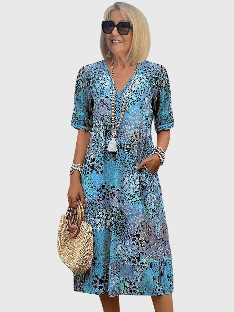 Blue floral patchwork midi dress with crochet trim sleeves