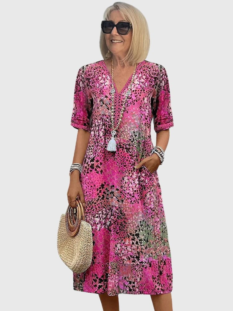 Pink floral print boho midi dress with side pockets