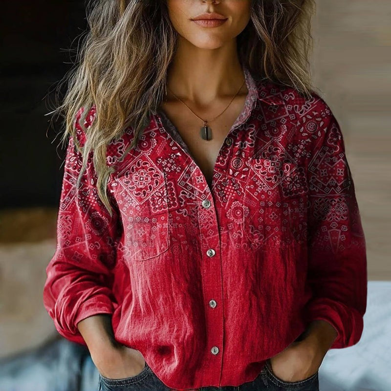 red bandana paisley print button-down blouse with chest pocket detail