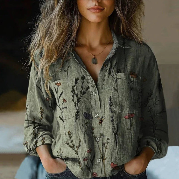 olive green wildflower print long sleeve blouse with button-down front
