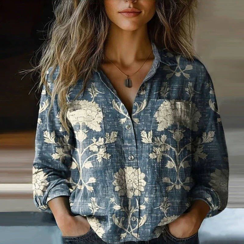 blue and cream floral print vintage blouse with collared button-down style