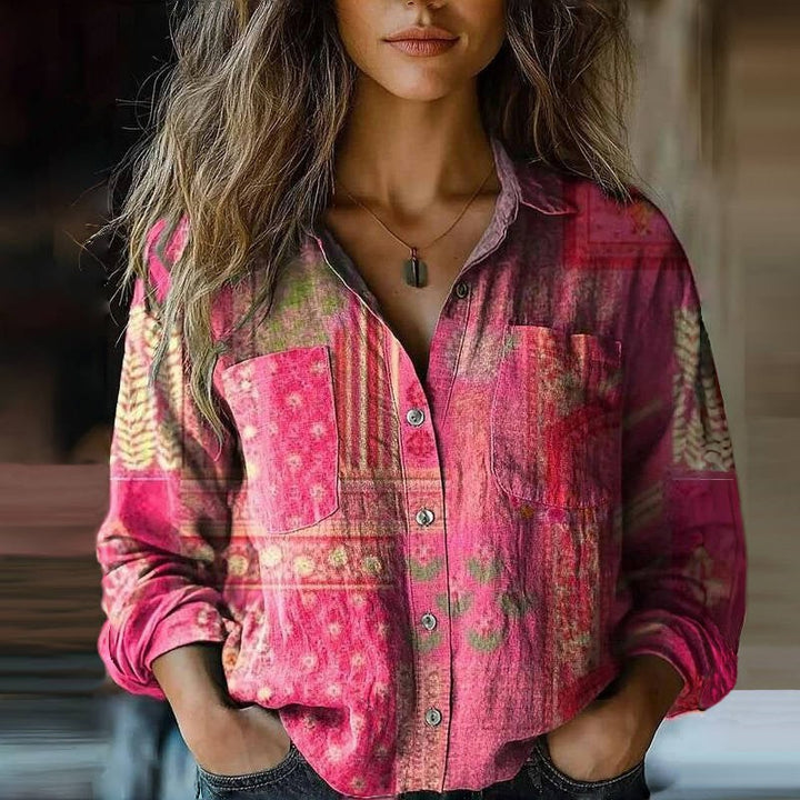 pink patchwork print button-down blouse with dual chest pockets