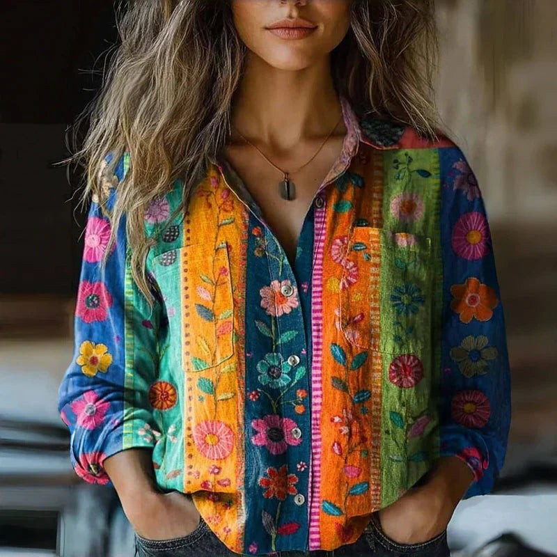 multicolor floral patchwork print blouse with button-down collar and pocket