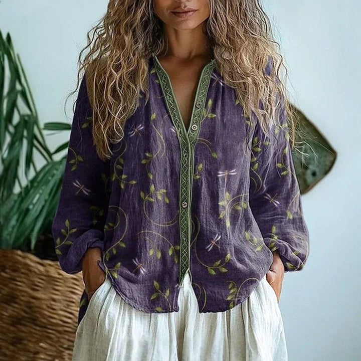 Purple linen button-down blouse with green trim and dragonfly leaf print