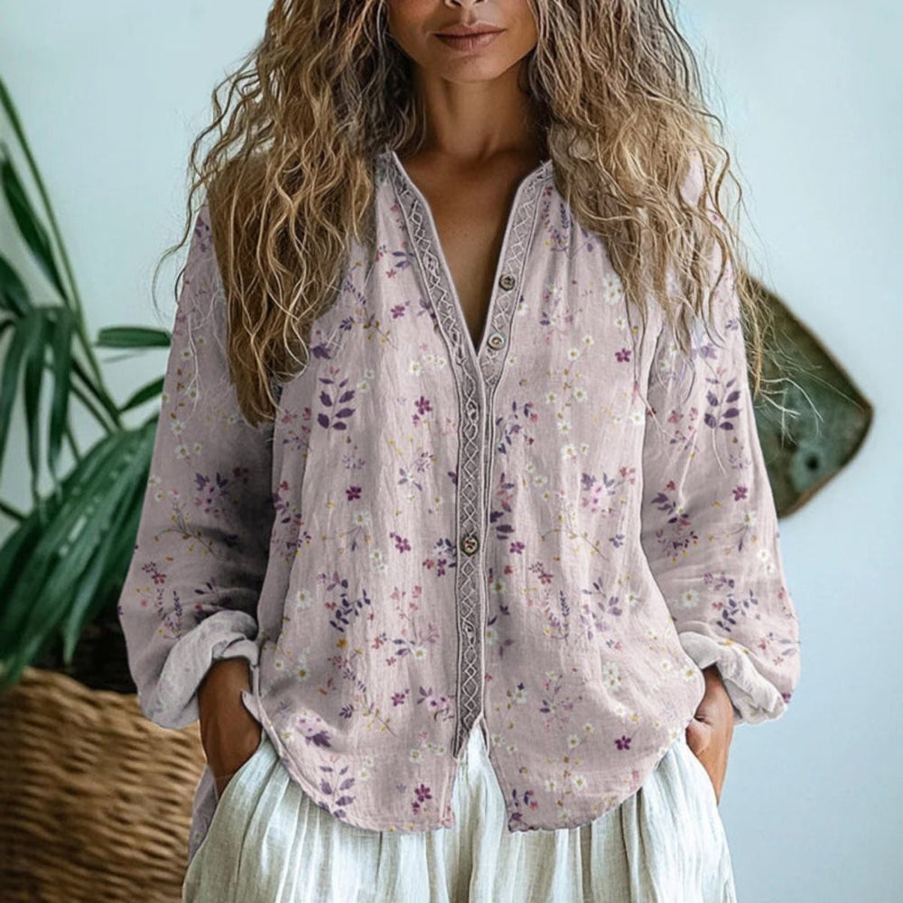 Blush pink floral linen blouse with crochet trim and V-neck button placket