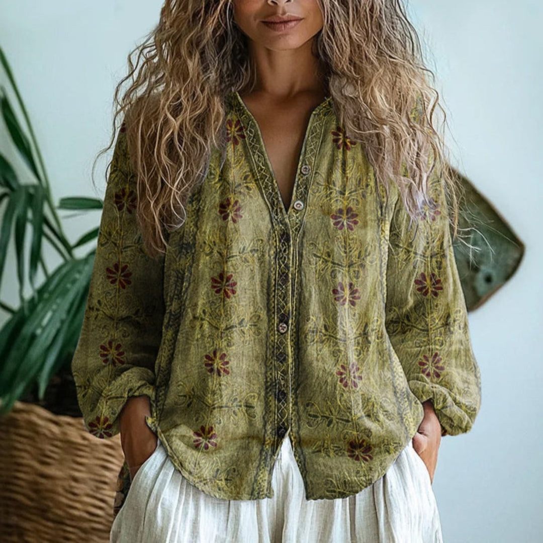 Olive green boho linen blouse with floral print and embroidered button front