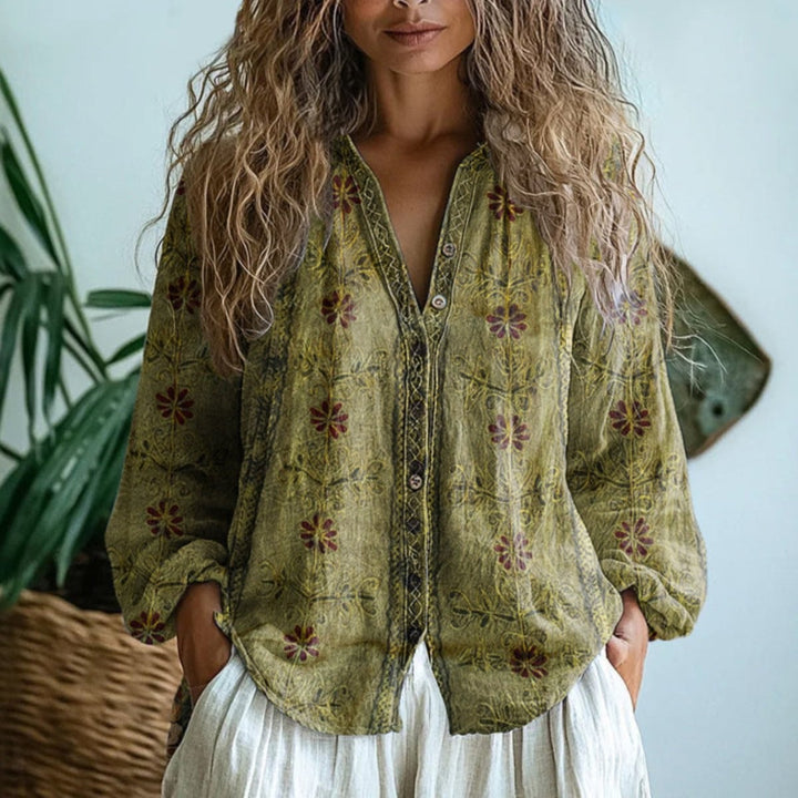 Olive green boho linen blouse with floral print and embroidered button front