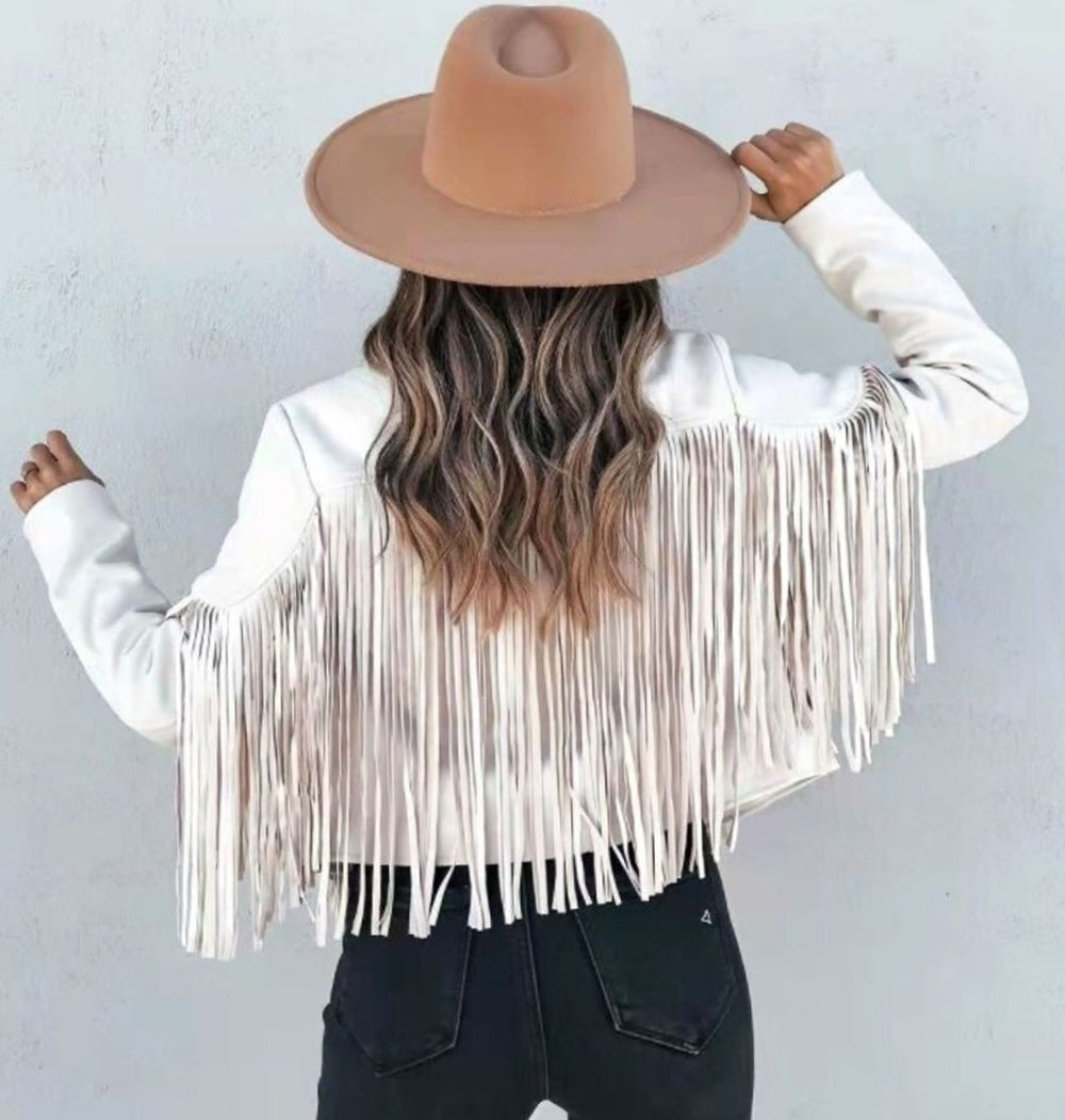 White cropped fringe suede jacket paired with a wide-brim hat, back view