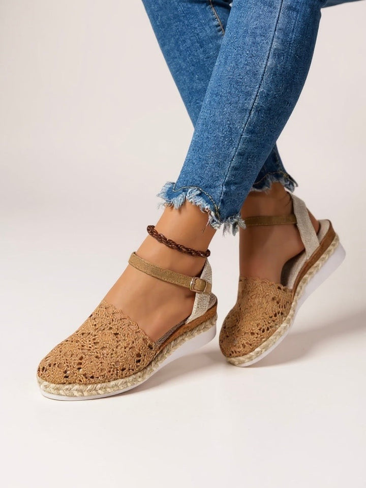 Tan crochet espadrille wedge sandal with ankle strap and jute platform sole