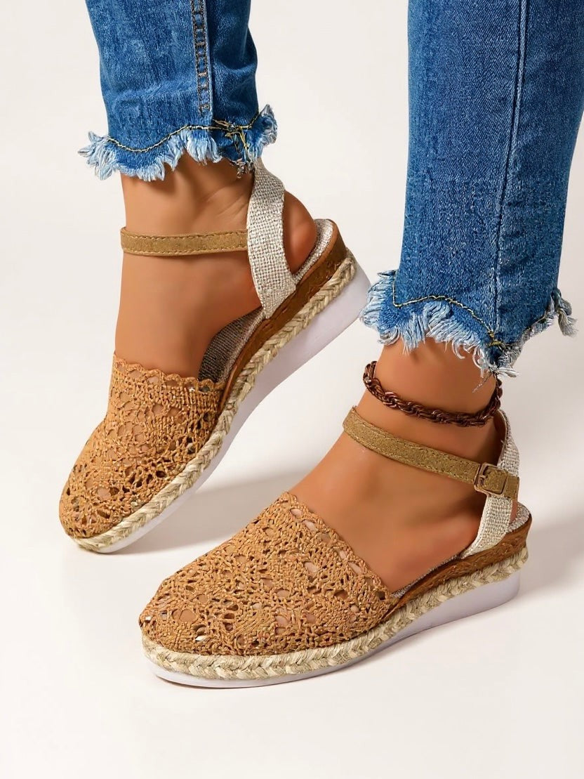 Tan crochet espadrille sandals with glitter ankle strap and jute sole