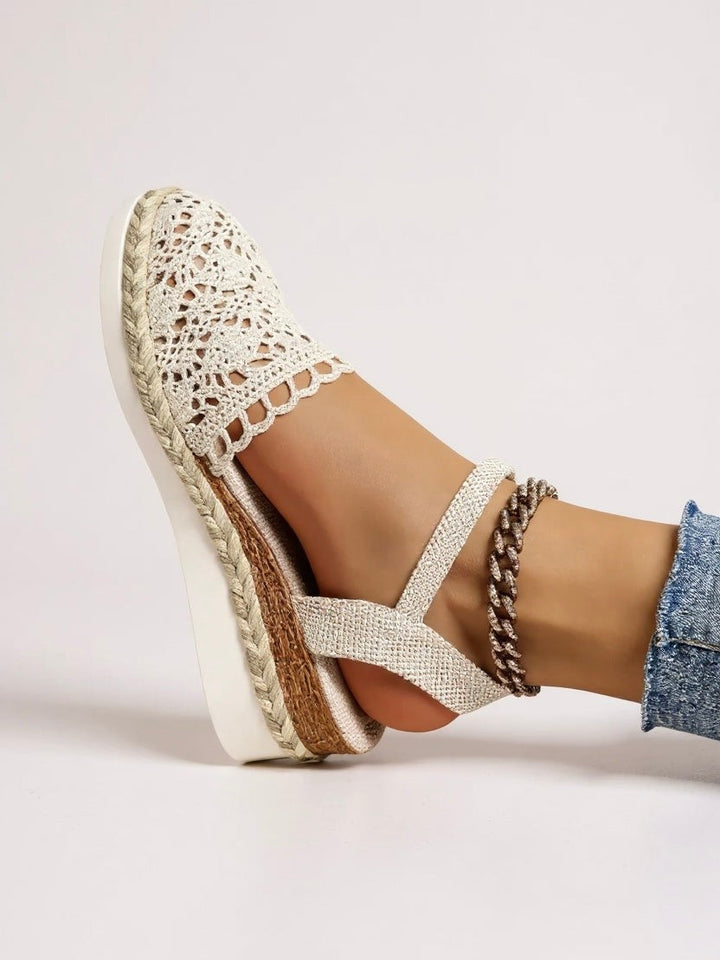 Ivory crochet platform sandal with sparkly T-strap and jute wedge sole