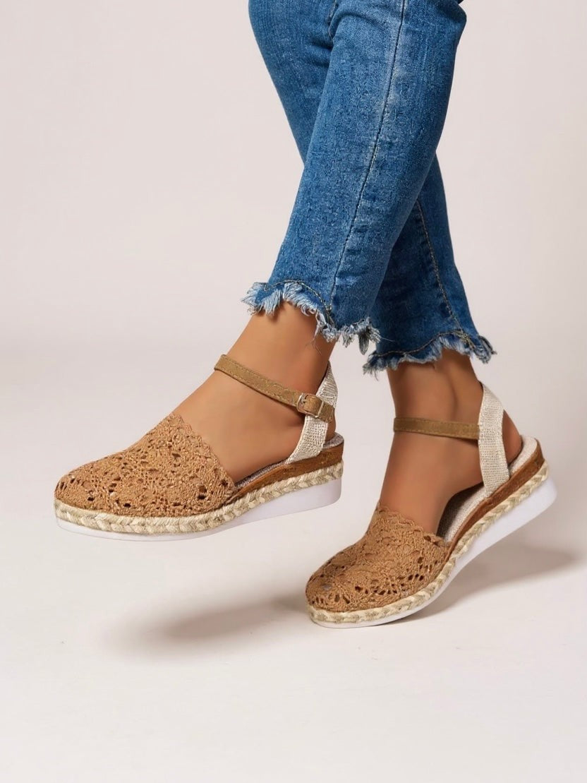 Camel crochet wedge sandals with metallic ankle strap on model
