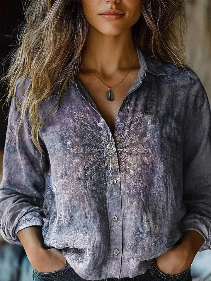 gray and purple paisley ombre button-up blouse with long sleeves