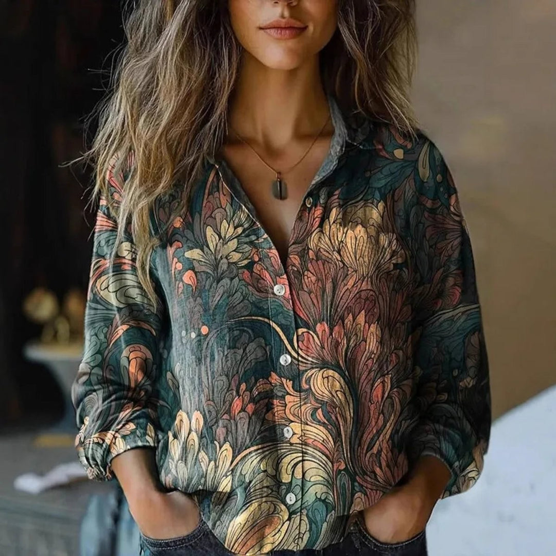 green and gold botanical print button-up blouse with long sleeves