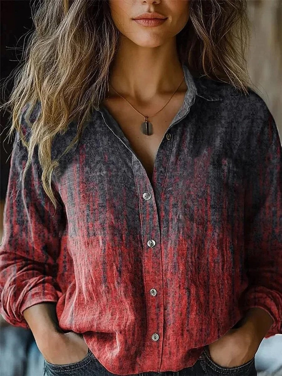 red and gray ombre button-up blouse with long sleeves