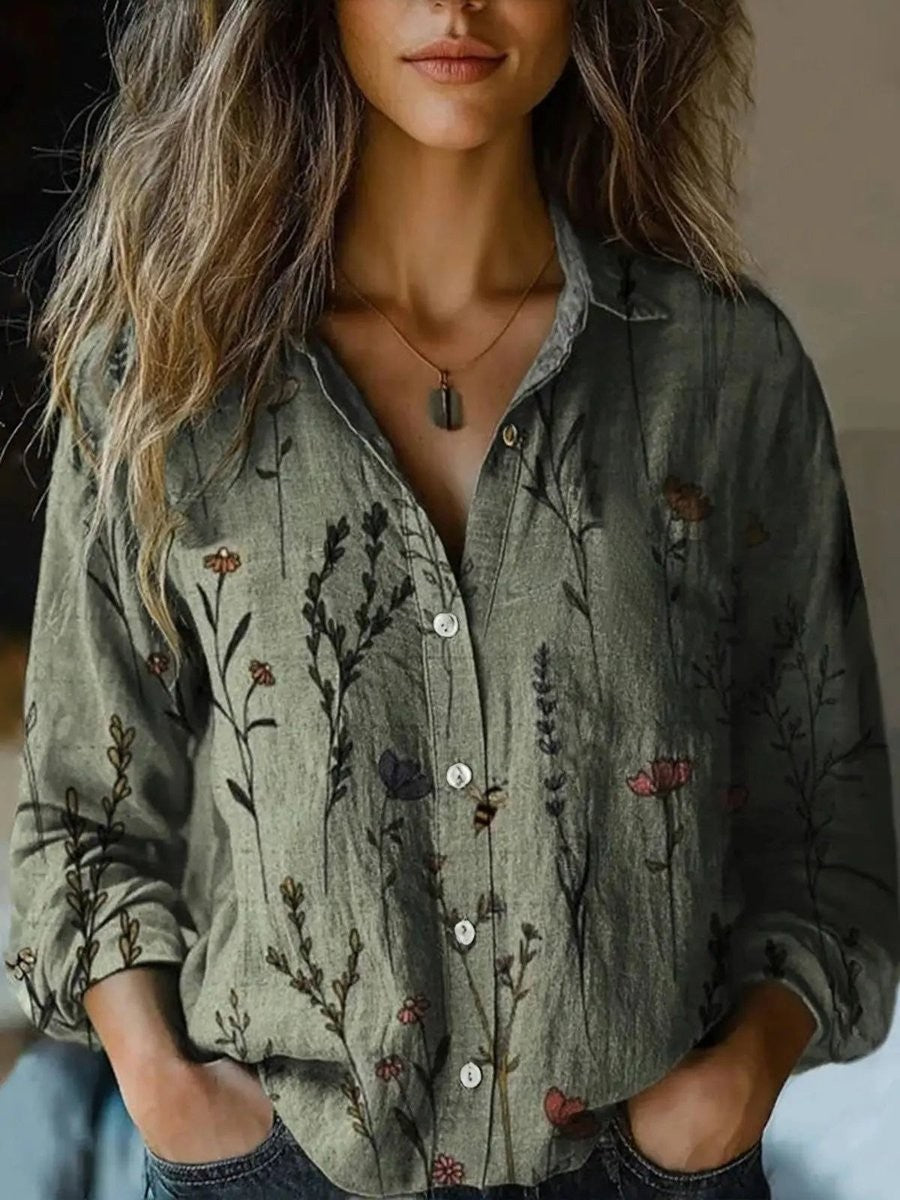olive green wildflower print button-up blouse with long sleeves