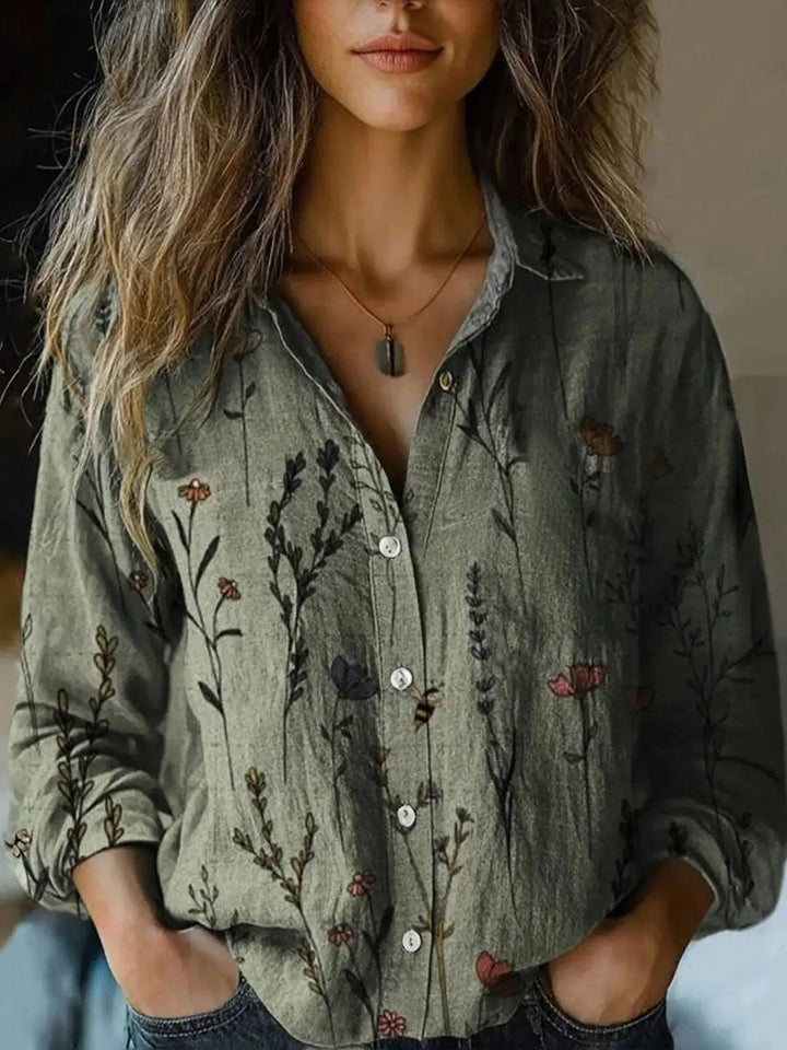olive green wildflower print button-up blouse with long sleeves