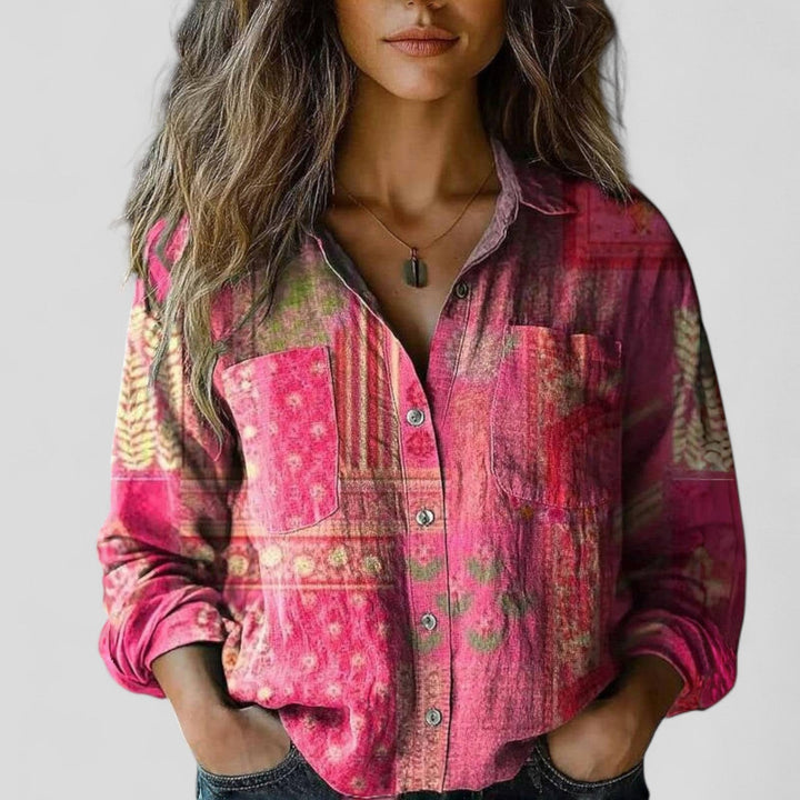 Pink bohemian print button-down blouse with patchwork pattern and long sleeves