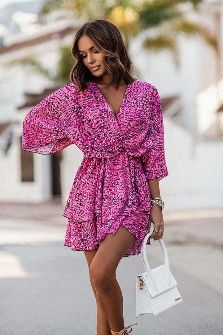 hot pink abstract-print mini dress with flutter sleeves and tiered skirt