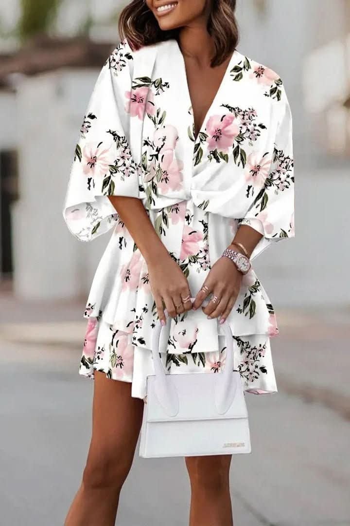 white floral-print wrap dress with ruffled tiered skirt