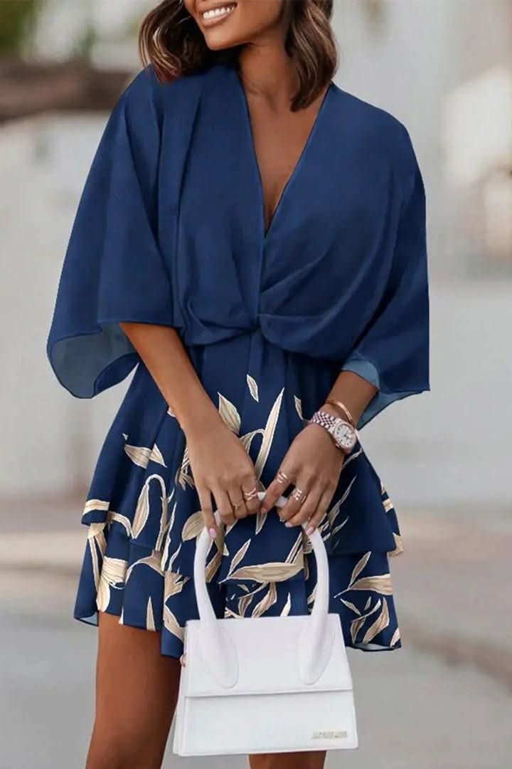 navy tropical leaf-print mini dress with tiered ruffle skirt