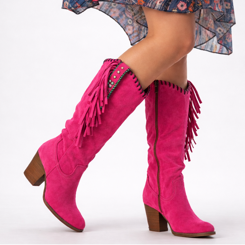 Hot pink suede knee-high boots with fringe trim and wooden block heel