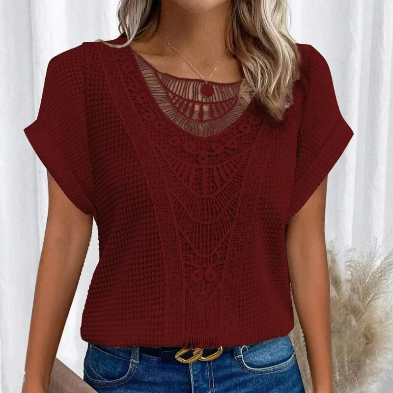 Burgundy crochet lace-front top with textured knit fabric