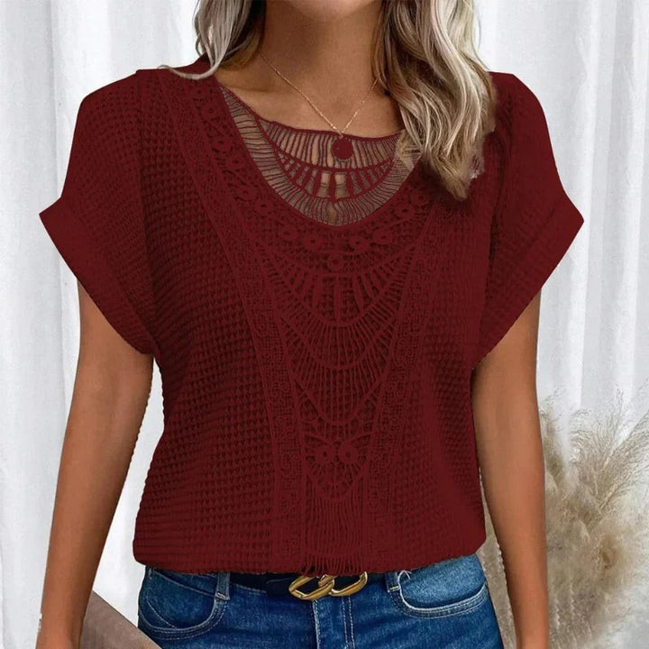 Burgundy crochet lace-front top with textured knit fabric