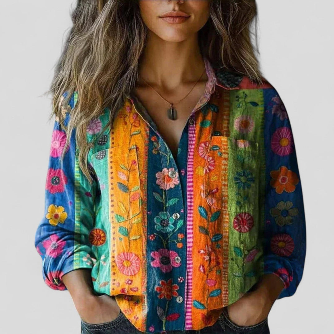 Multicolor floral patchwork button-down blouse with long sleeves and chest pockets