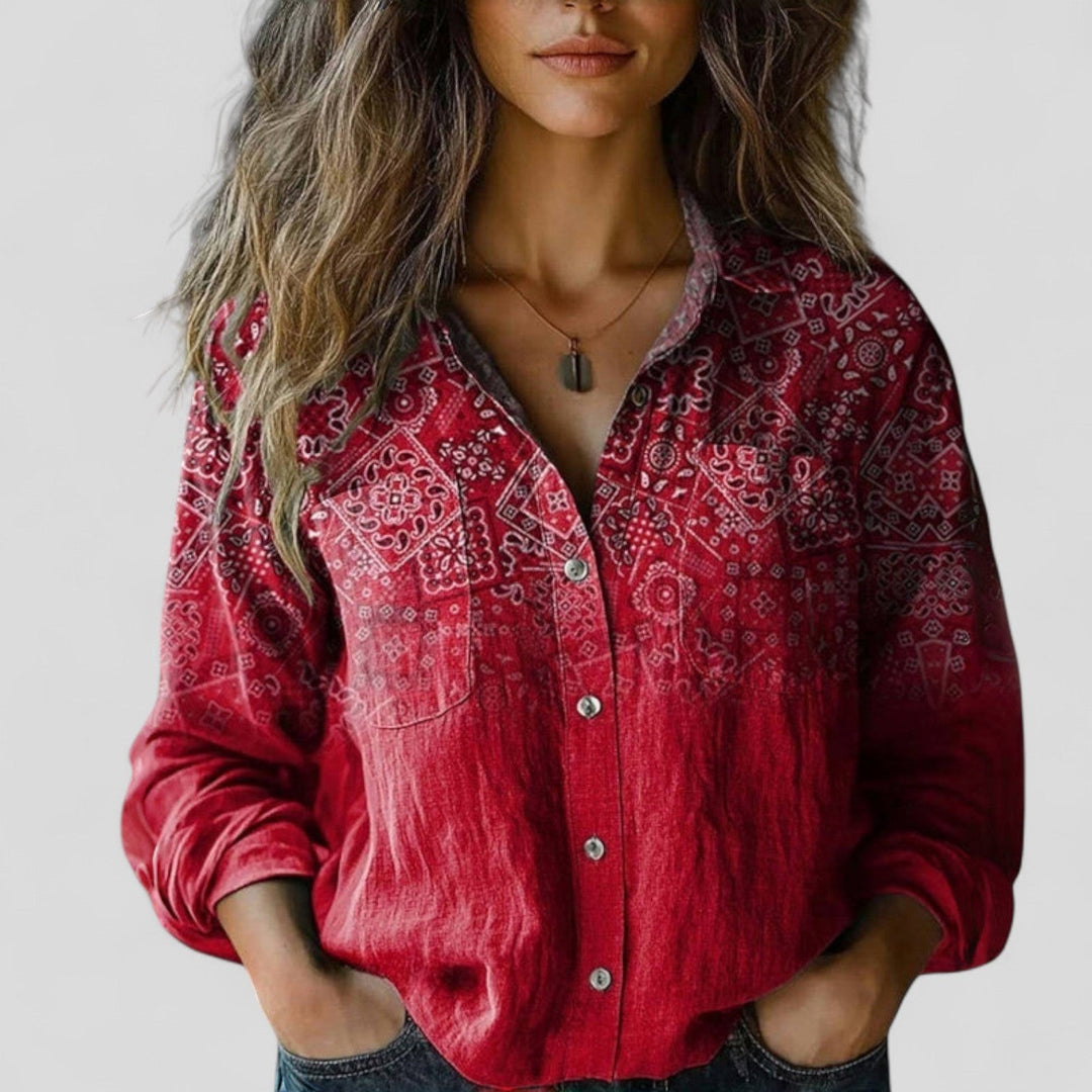 Red bandana print button-down blouse with ombre fade and long sleeves