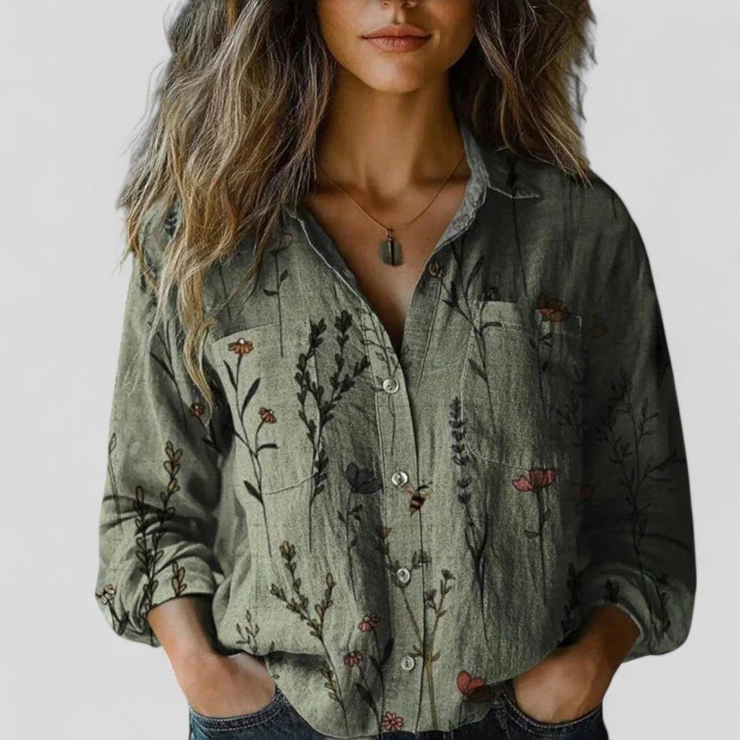 Sage green wildflower print button-down blouse with relaxed long sleeves