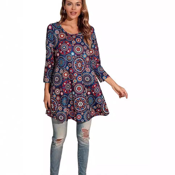 Navy mandala-print swing tunic top with three-quarter sleeves and round neckline