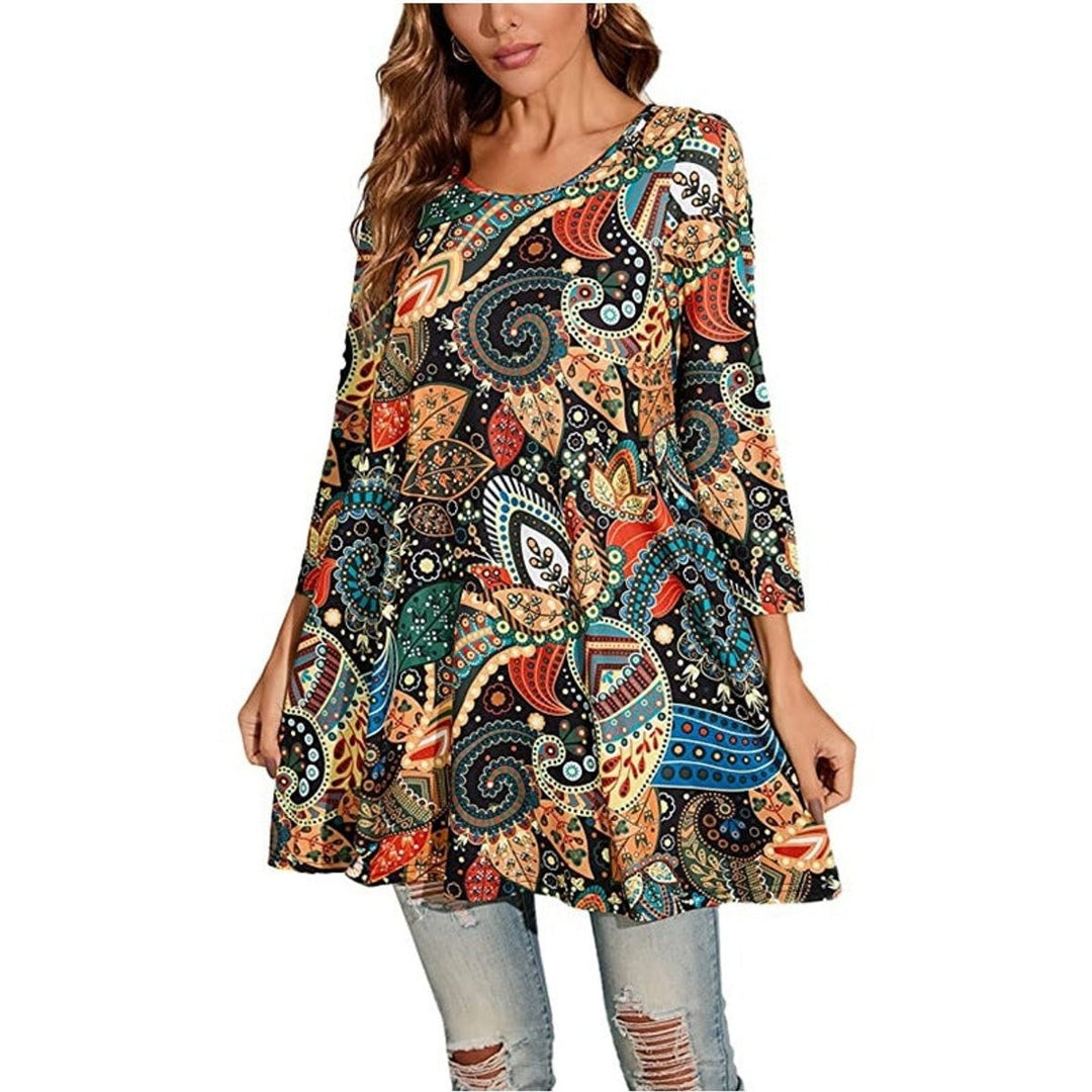 Black multicolor mandala-print swing tunic top with boho pattern