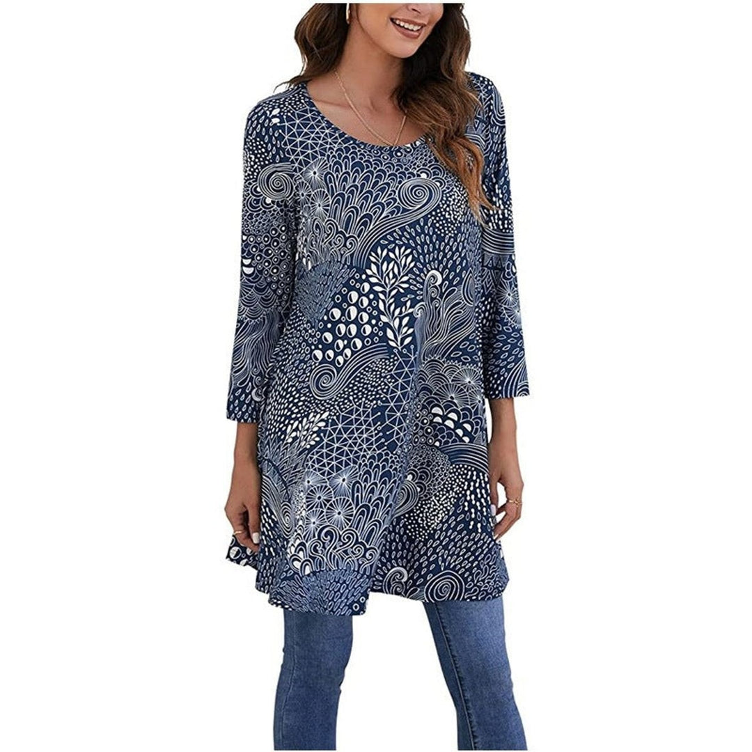 Navy and white swirl-print tunic top with abstract mandala design