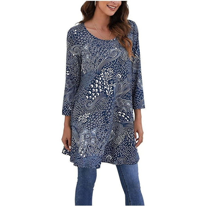 Navy and white swirl-print tunic top with abstract mandala design