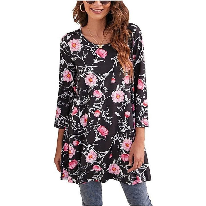 Black pink floral tunic top with botanical vine print