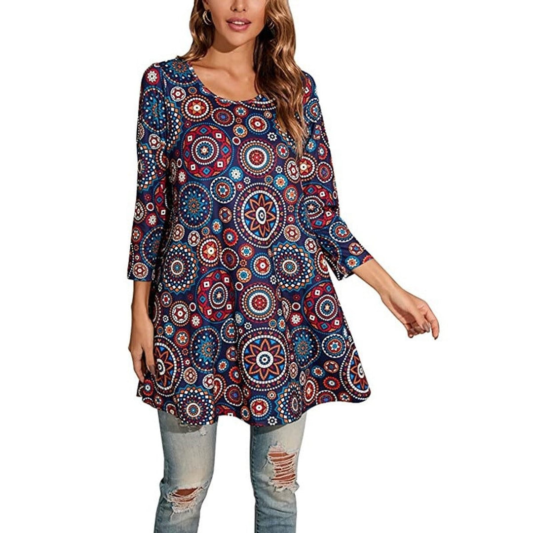 Navy multicolor mandala-print swing tunic top with round neckline