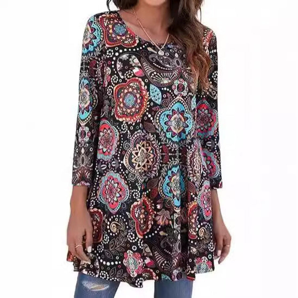 Black paisley floral print swing tunic top with three-quarter sleeves