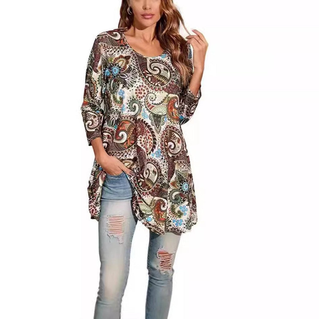 Cream paisley-print tunic top with side slits and three-quarter sleeves